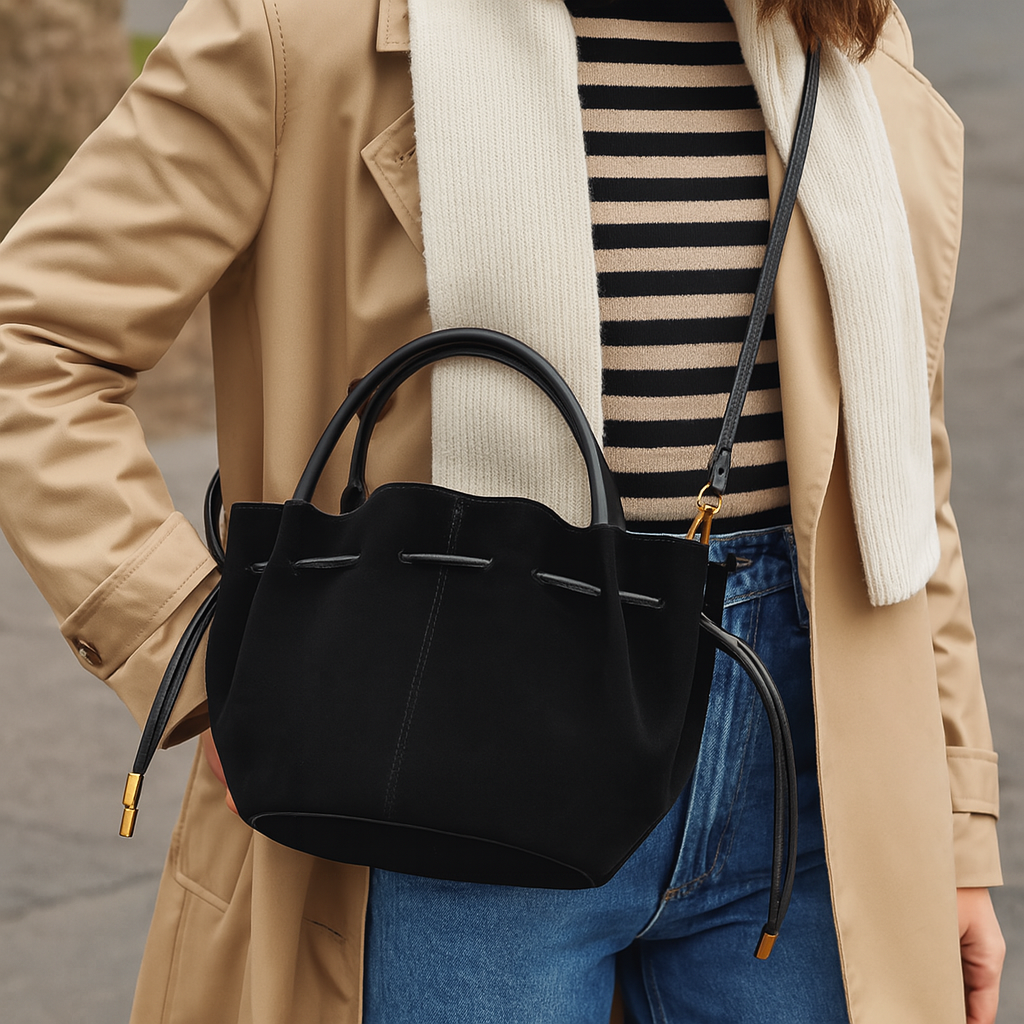 Person wearing a black handbag with a neutral background