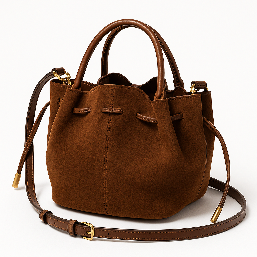 Brown leather handbag with a strap on a white background
