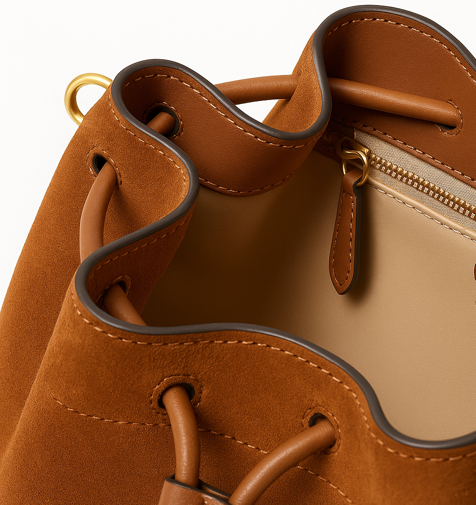 Close-up of a brown leather bag with gold zipper pull and Coach logo.