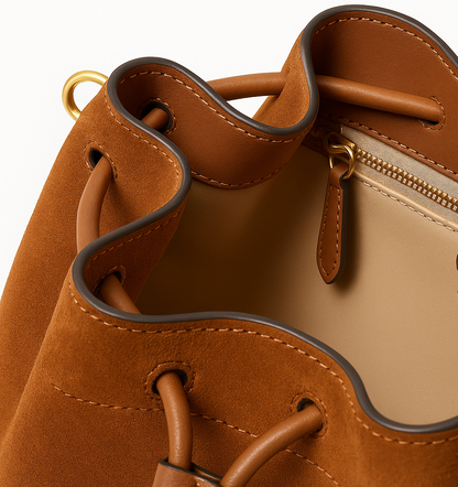 Close-up of a brown leather bag with gold zipper pull and Coach logo.