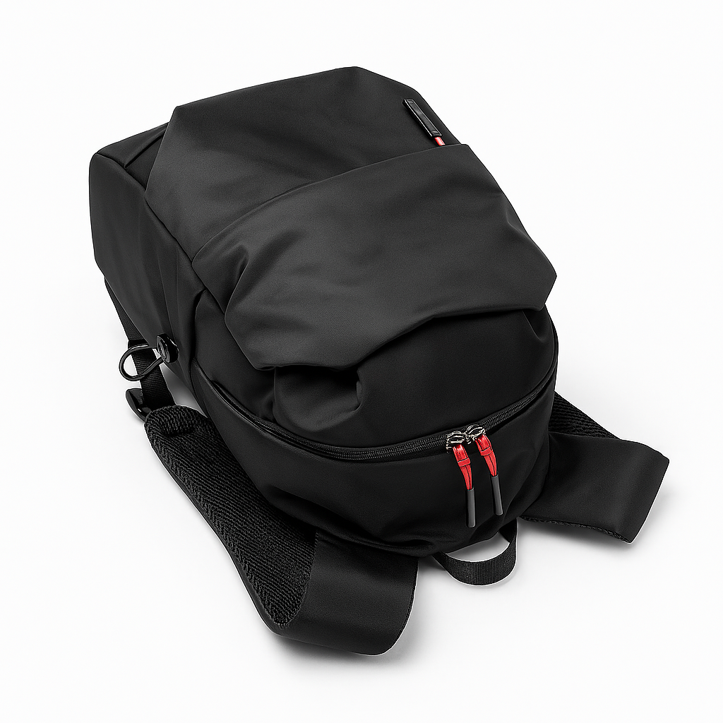 Black backpack with red zippers on a white background