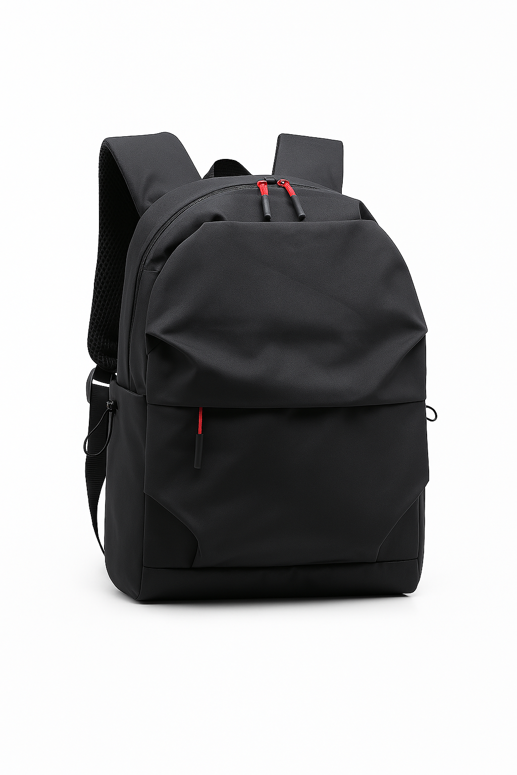 Black backpack with red accents on a white background